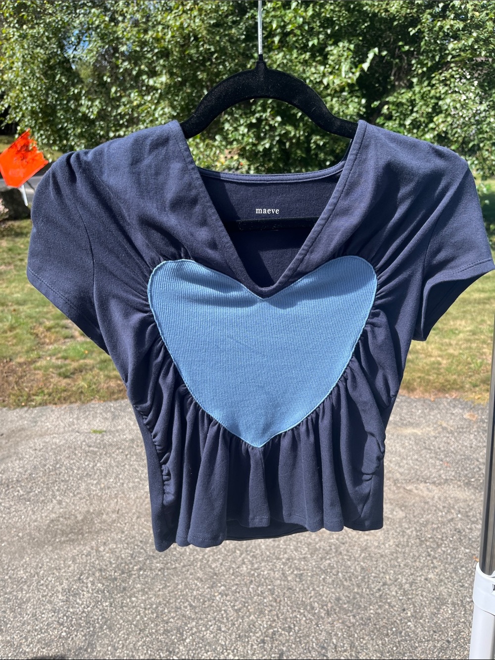 Maeve Navy Crop Top with Light Blue Heart Applique